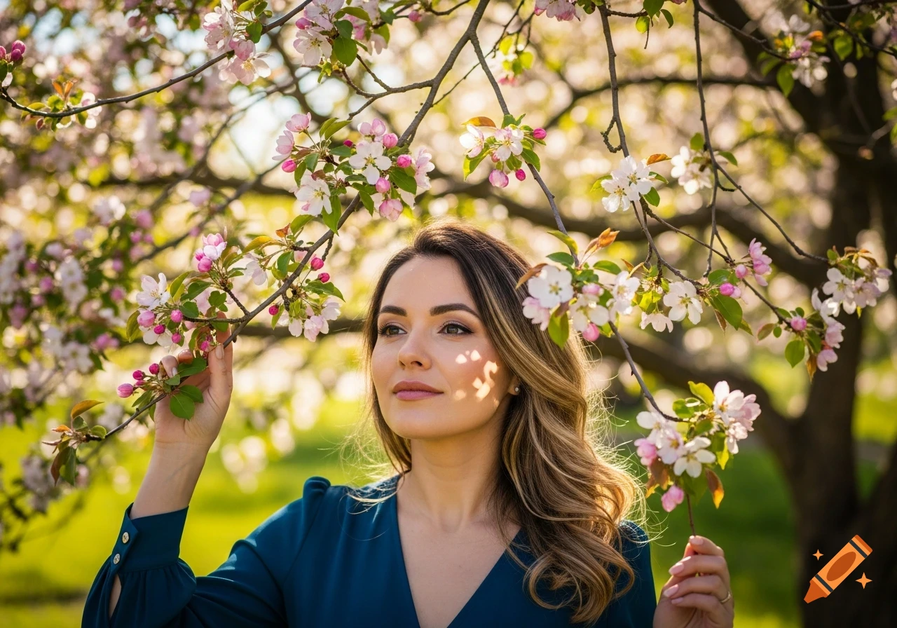 A woman with long brown hair in a blue top stands under a blossoming tree, gently touching a branch of pink and white flowers.