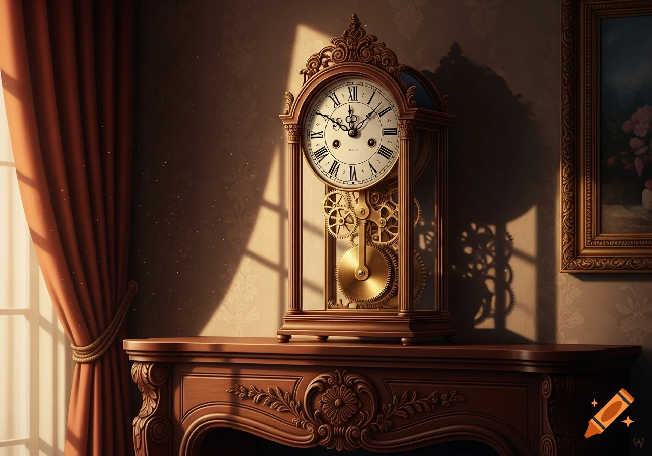 Ornate vintage mantel clock with visible gears, Roman numerals, and a gold pendulum, bathed in warm sunlight.