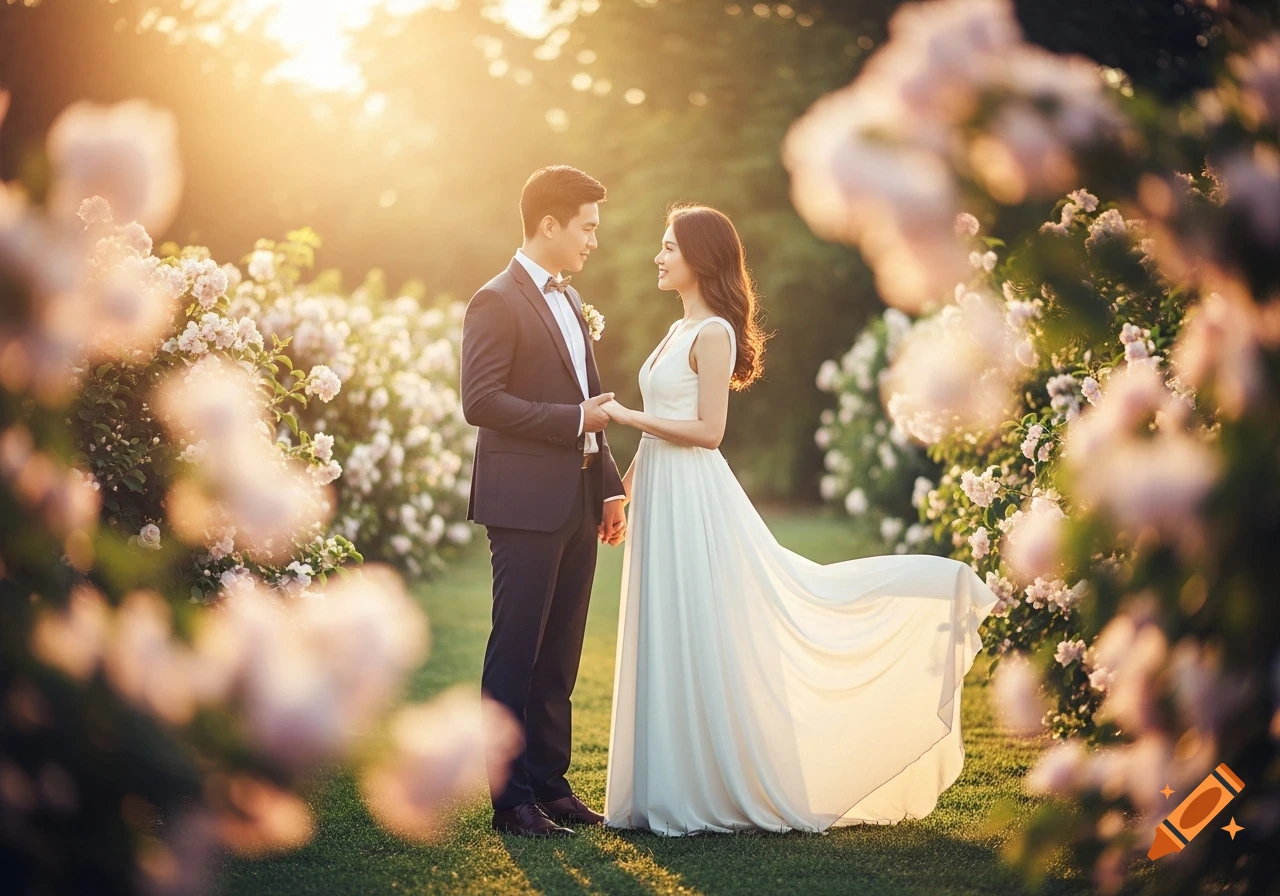 A couple in elegant outfits holding hands in a sunlit garden with blooming flowers during golden hour.