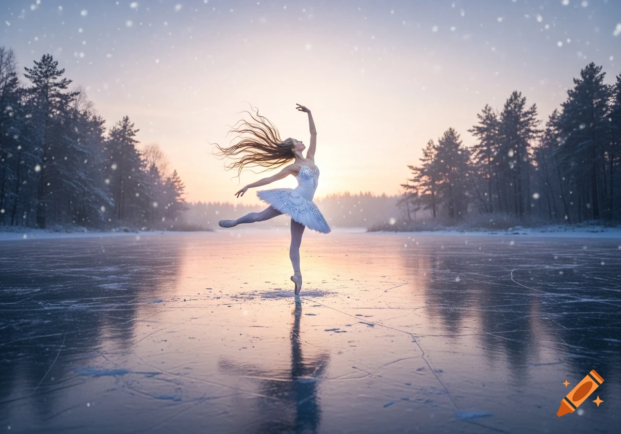 A graceful ballerina in a white tutu dances en pointe on a frozen lake at sunset, with snow falling and pine trees in the background.