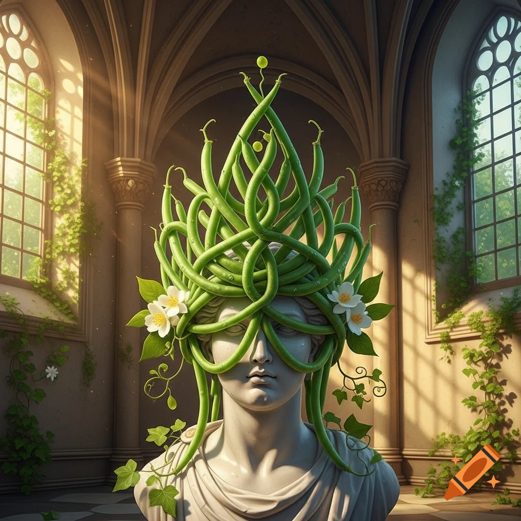 A marble bust wearing a diadem of green string beans and white flowers in a sunlit architectural setting with ivy.
