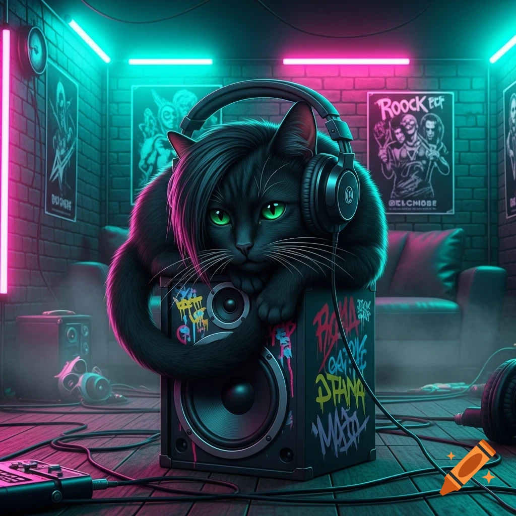 A black emo cat with pink-tipped hair and green eyes wearing headphones sits on a graffiti-covered speaker in a neon-lit room.