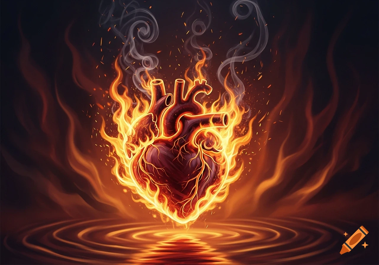 A stylized anatomical heart engulfed in fiery flames with smoke rising and ripples reflecting on the surface below.