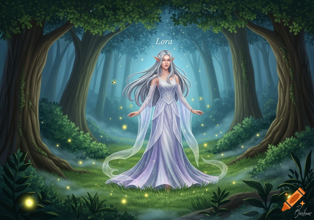An elf with long silver hair in a flowing white and purple dress stands in a magical forest with glowing fireflies, in a fantasy illustration.