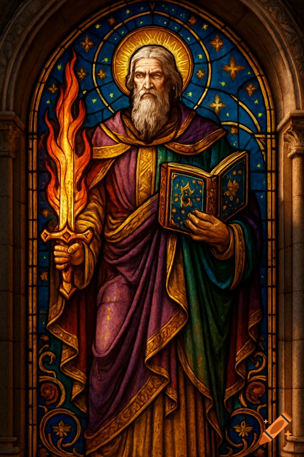 Stained glass window depicting a bearded prophet with a halo, holding a flaming sword and an open book of wisdom.