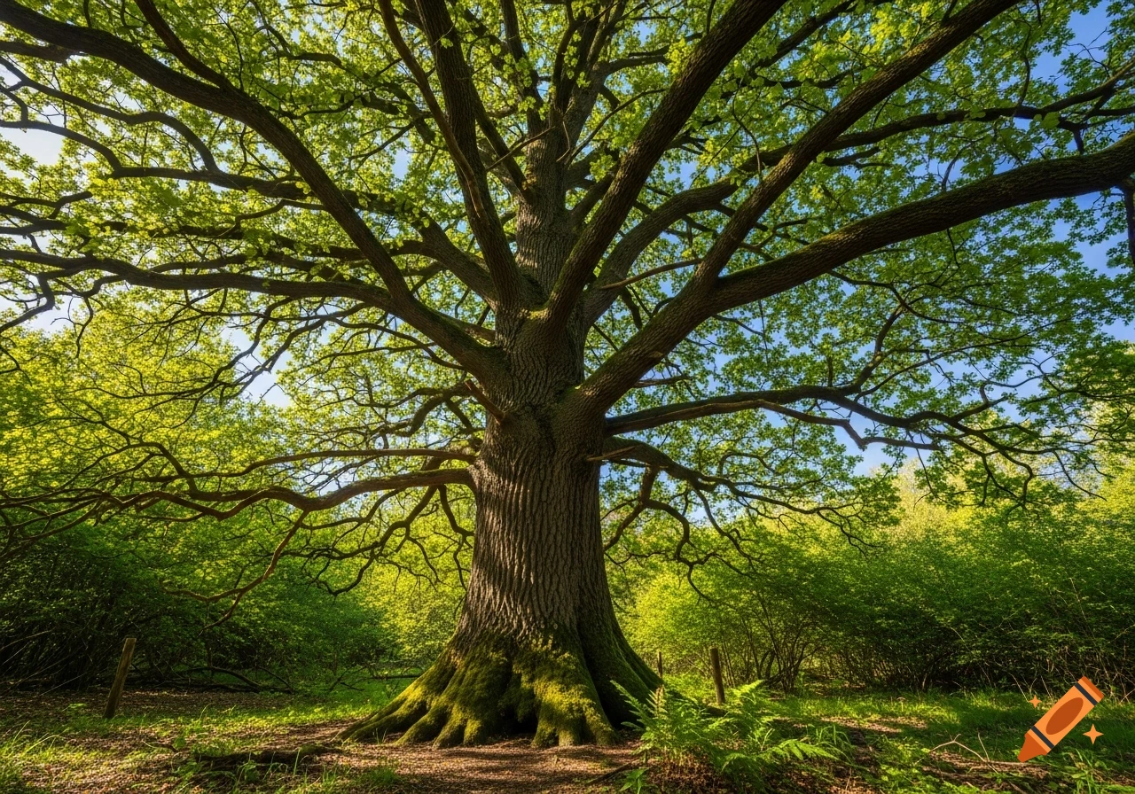 A majestic, ancient oak tree with a wide canopy of vibrant green leaves, illuminated by sunlight in a forest.