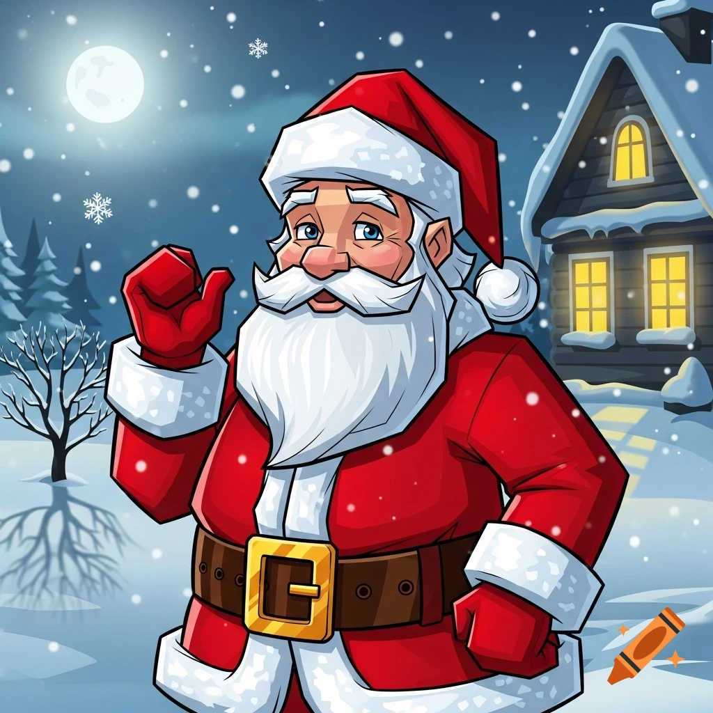 Cartoon Santa Claus waves in a snowy landscape with a cabin, trees, and a full moon at night.