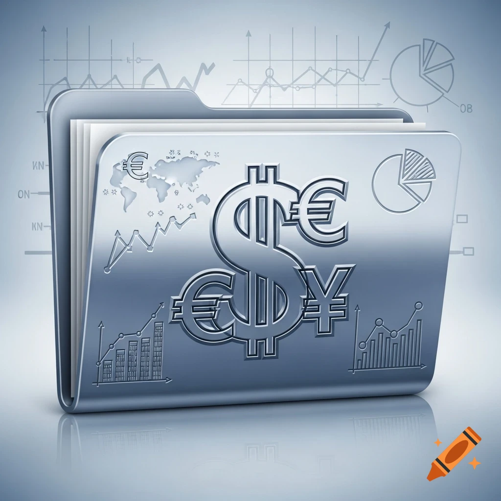 A glossy metallic desktop folder icon featuring dollar, euro, and yen symbols, along with various financial charts and graphs.