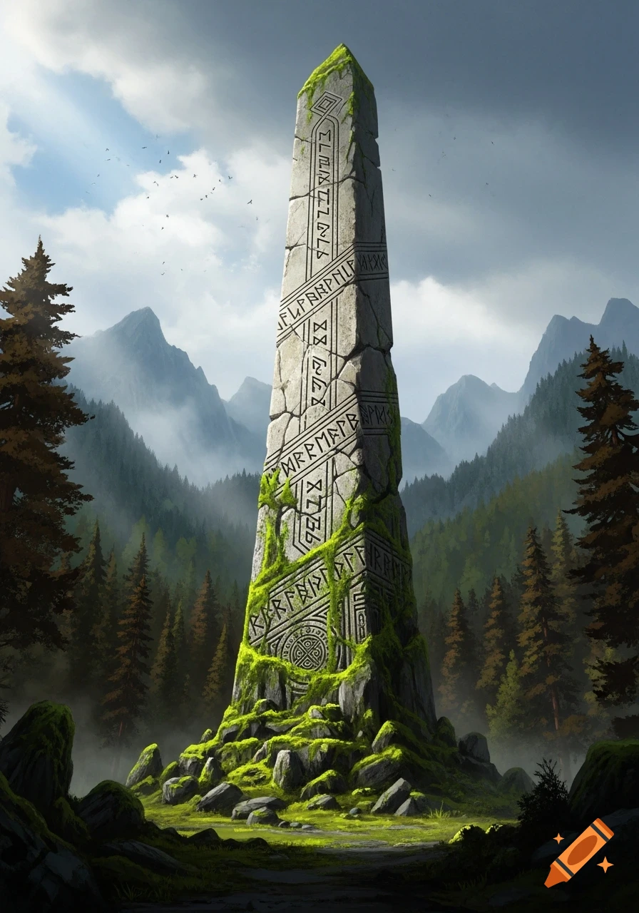 A tall, moss-covered stone obelisk adorned with ancient runes stands amidst a thick, misty forest, with towering mountains in the distance under a cloudy sky.