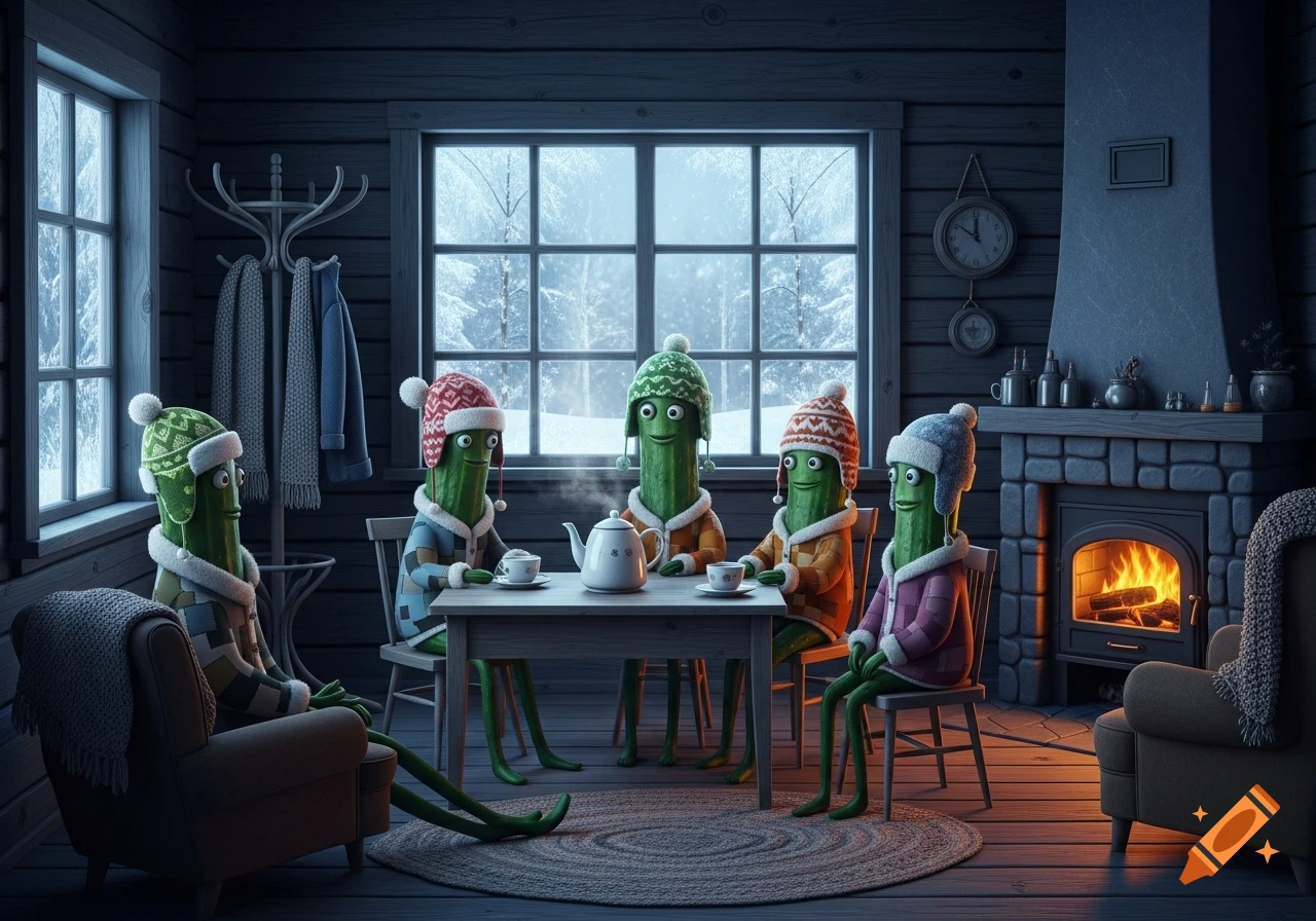 Bipedal cucumbers in winter hats and coats sit around a table with tea in a cozy cabin, snow visible outside windows.