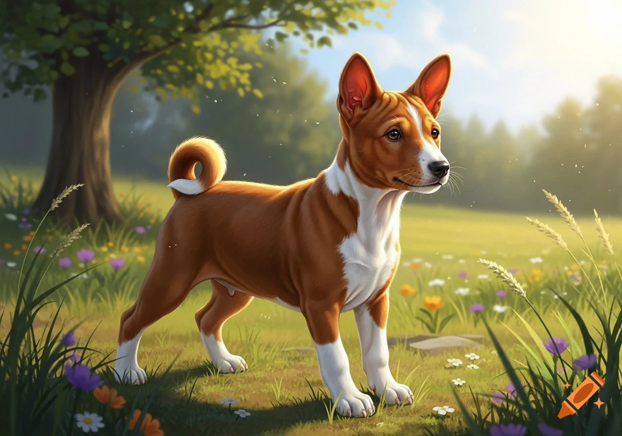A brown and white Basenji dog stands in a sunny green field with wildflowers and a tree, looking alert.