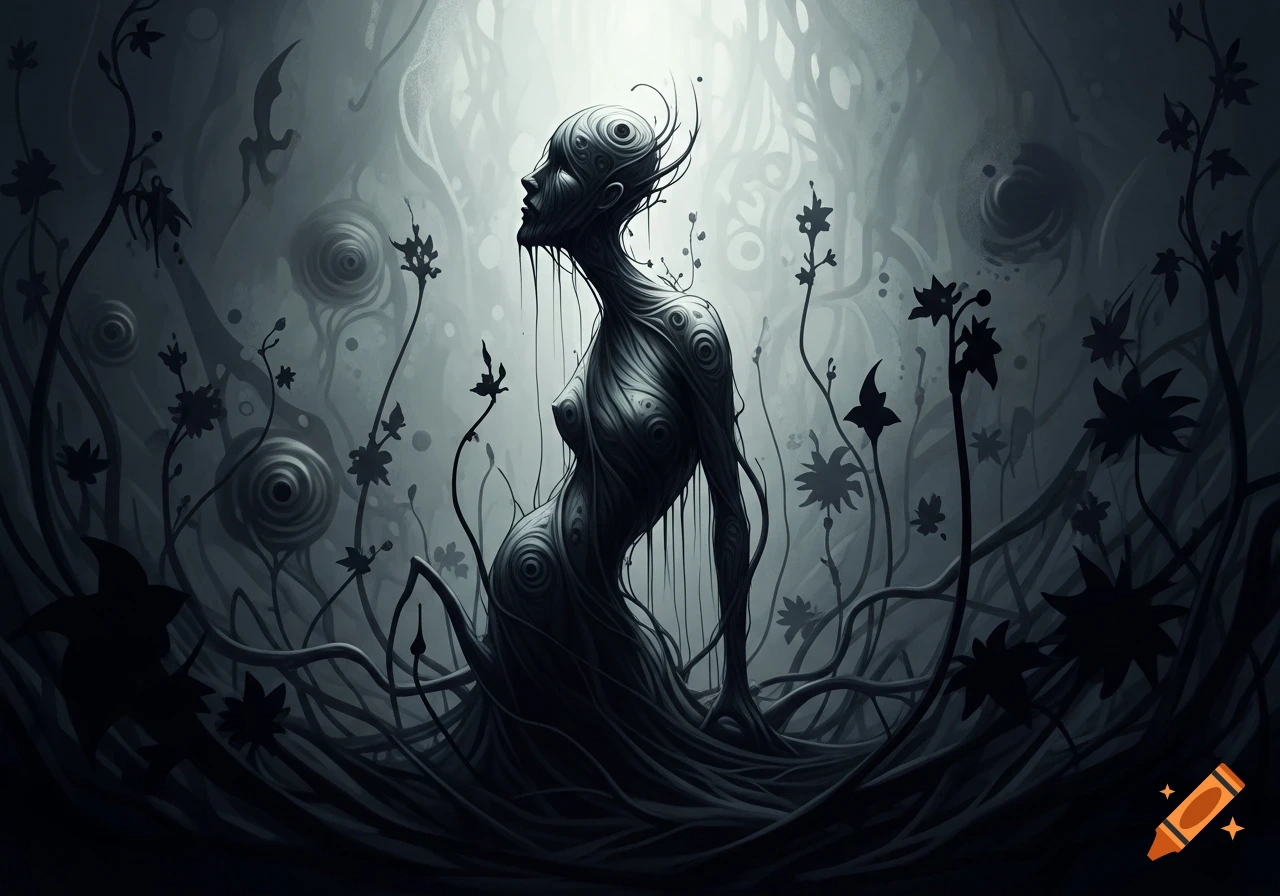 A monochromatic, unsettling surreal art piece of a stylized female figure intertwined with dark, organic roots and vines.