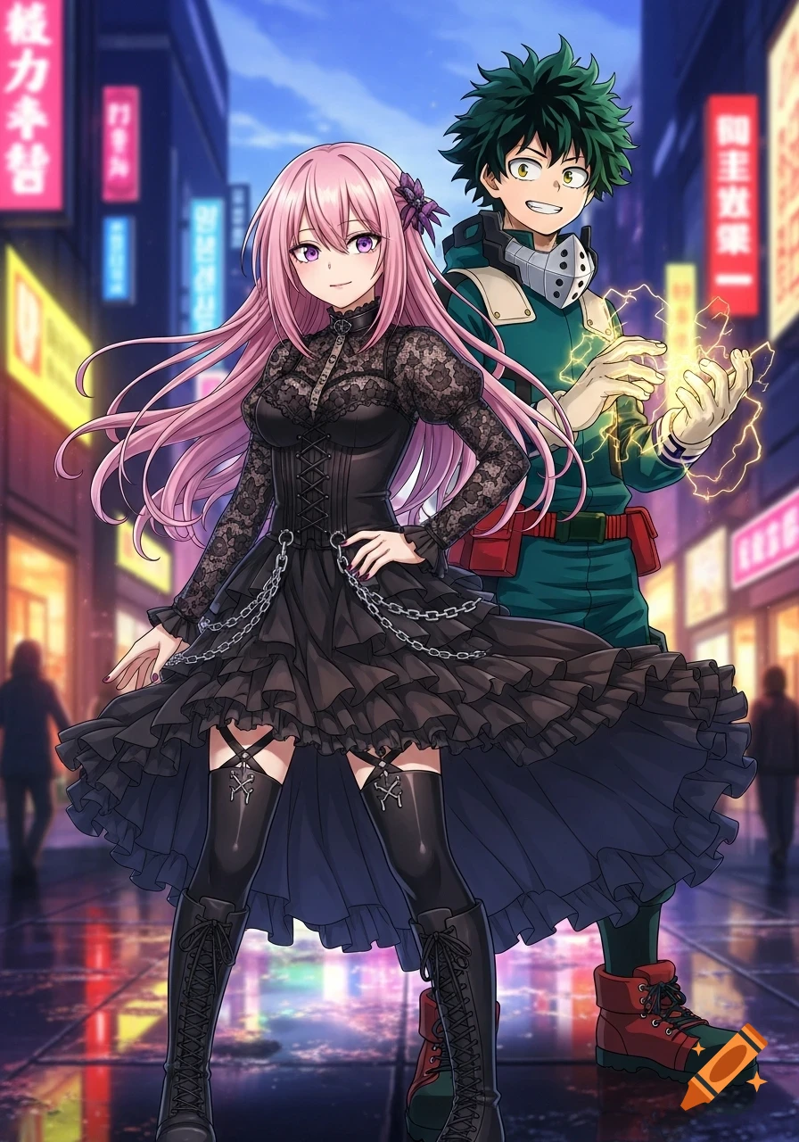 Anime illustration of a pink-haired woman in a black gothic dress and Izuku Midoriya with green hair and lightning on a city street at night.