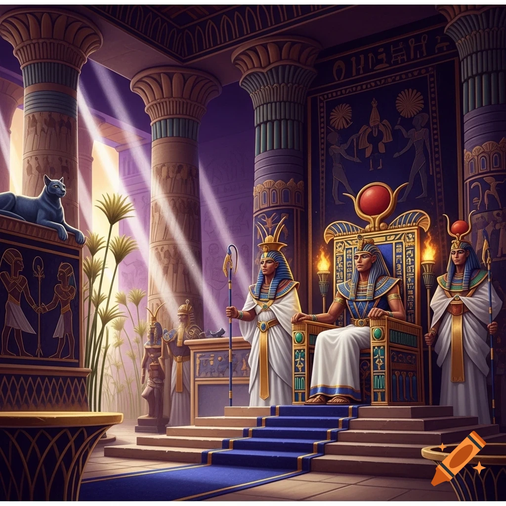 An ancient Egyptian pharaoh on a golden throne in a grand hall with purple lighting, flanked by guards and columns, with a black cat statue.