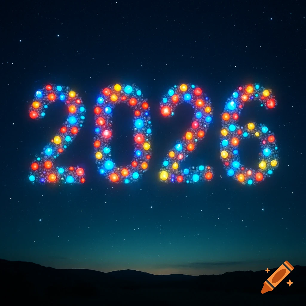 The number 2026, formed by colorful glowing spheres, against a starry night sky with a subtle mountain range below.