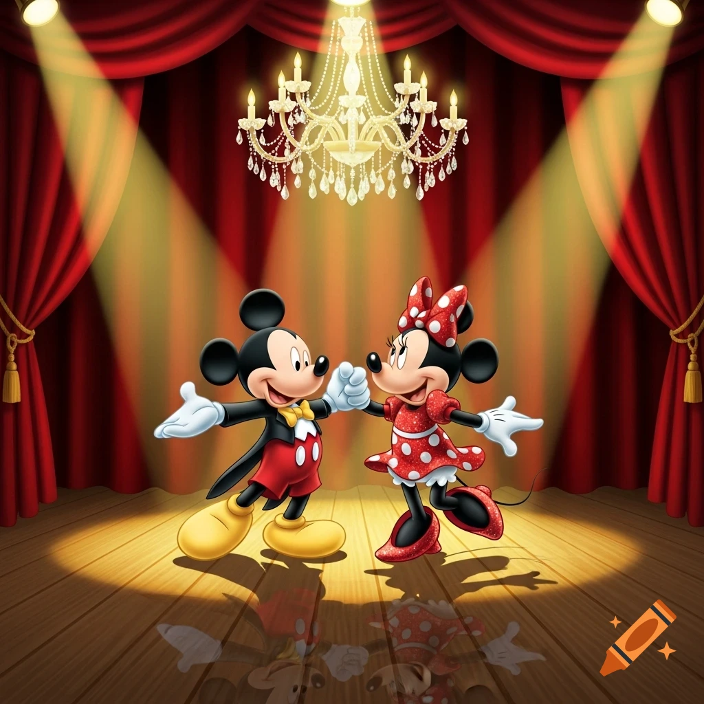 Mickey and Minnie Mouse dance on a stage with red curtains and a chandelier.