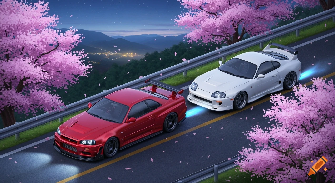 Isometric anime-style illustration of a red Nissan R34 and a white Toyota Supra racing on a winding Japanese mountain road lined with pink cherry blossom trees at dusk.