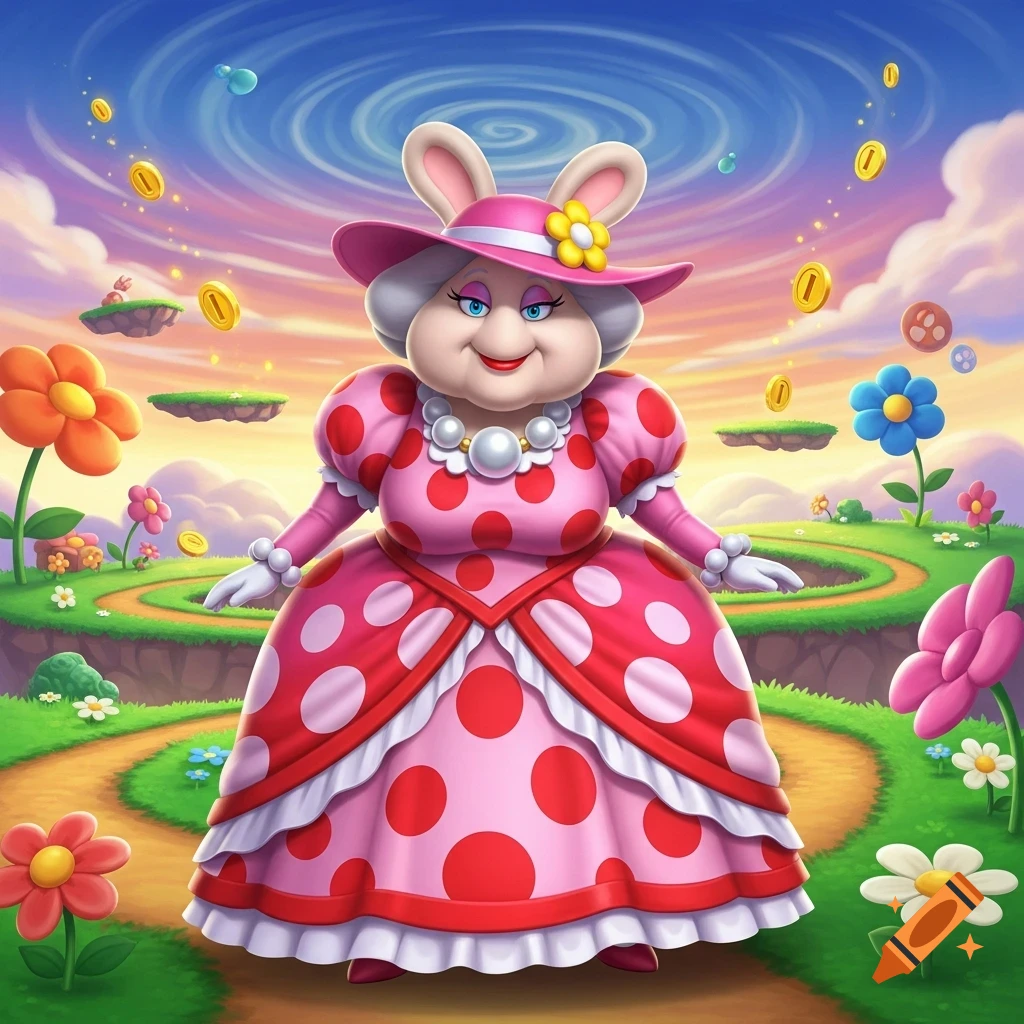 Cartoonish Madame Broode in a pink polka-dot dress and bunny-eared hat, in a vibrant Super Mario-style fantasy world with floating platforms.