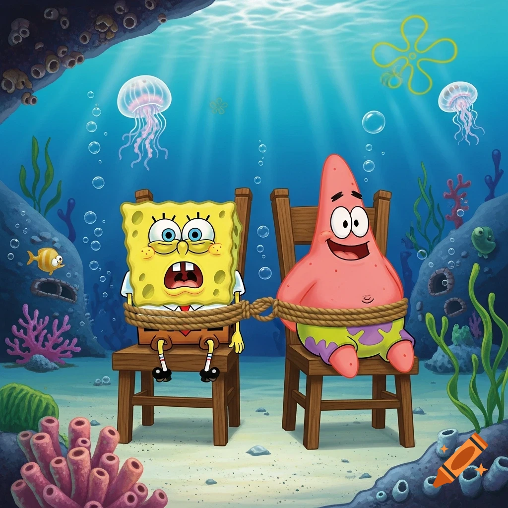 SpongeBob and Patrick, tied to wooden chairs, sit on the sandy seafloor in a vibrant cartoon underwater scene with jellyfish and coral.
