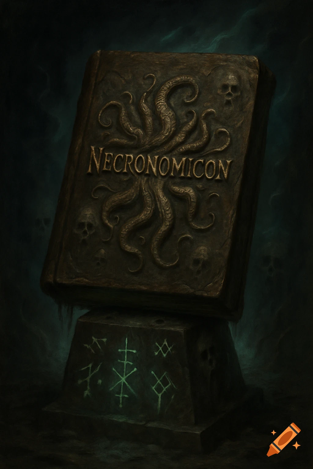 An ornate, ancient book titled "NECRONOMICON" with tentacles and skulls embossed on its cover, rests on an inscribed, glowing pedestal.