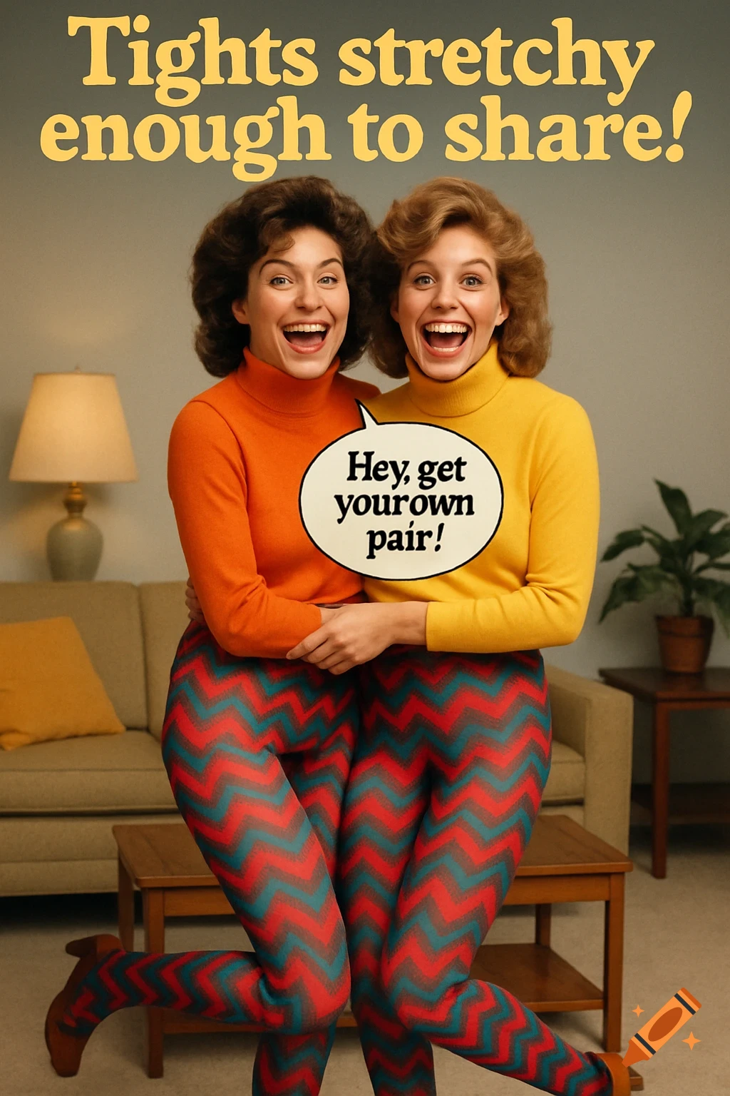 Two smiling women in 1980s attire, one orange and one yellow turtleneck, appear to share one pair of patterned tights below the waist, creating a humorous illusion. Text reads "Tights stretchy enough to share!" and in a speech bubble "Hey, get yourown pair!"