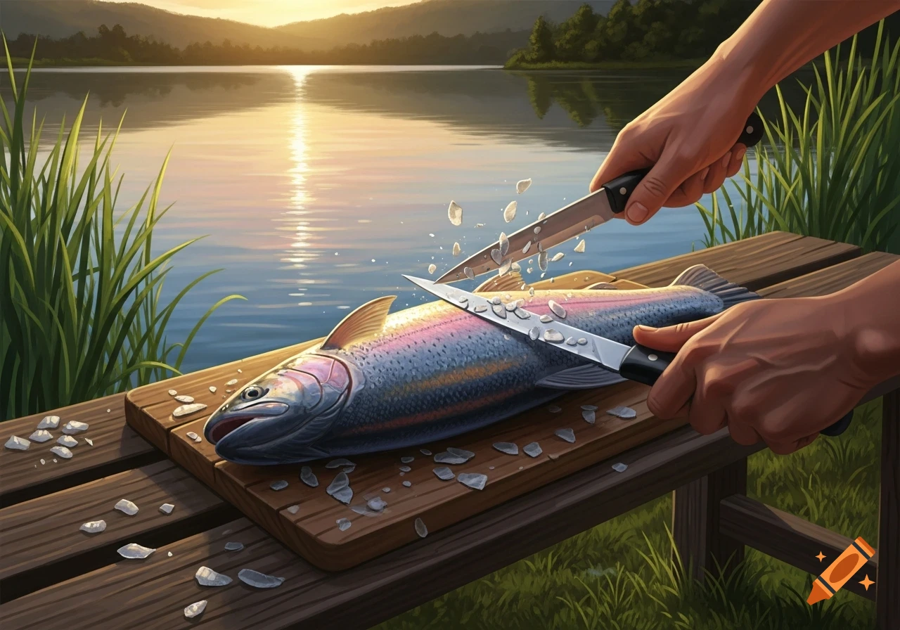 A person scales a fish on a wooden board by a lake during sunset, with mountains in the background.