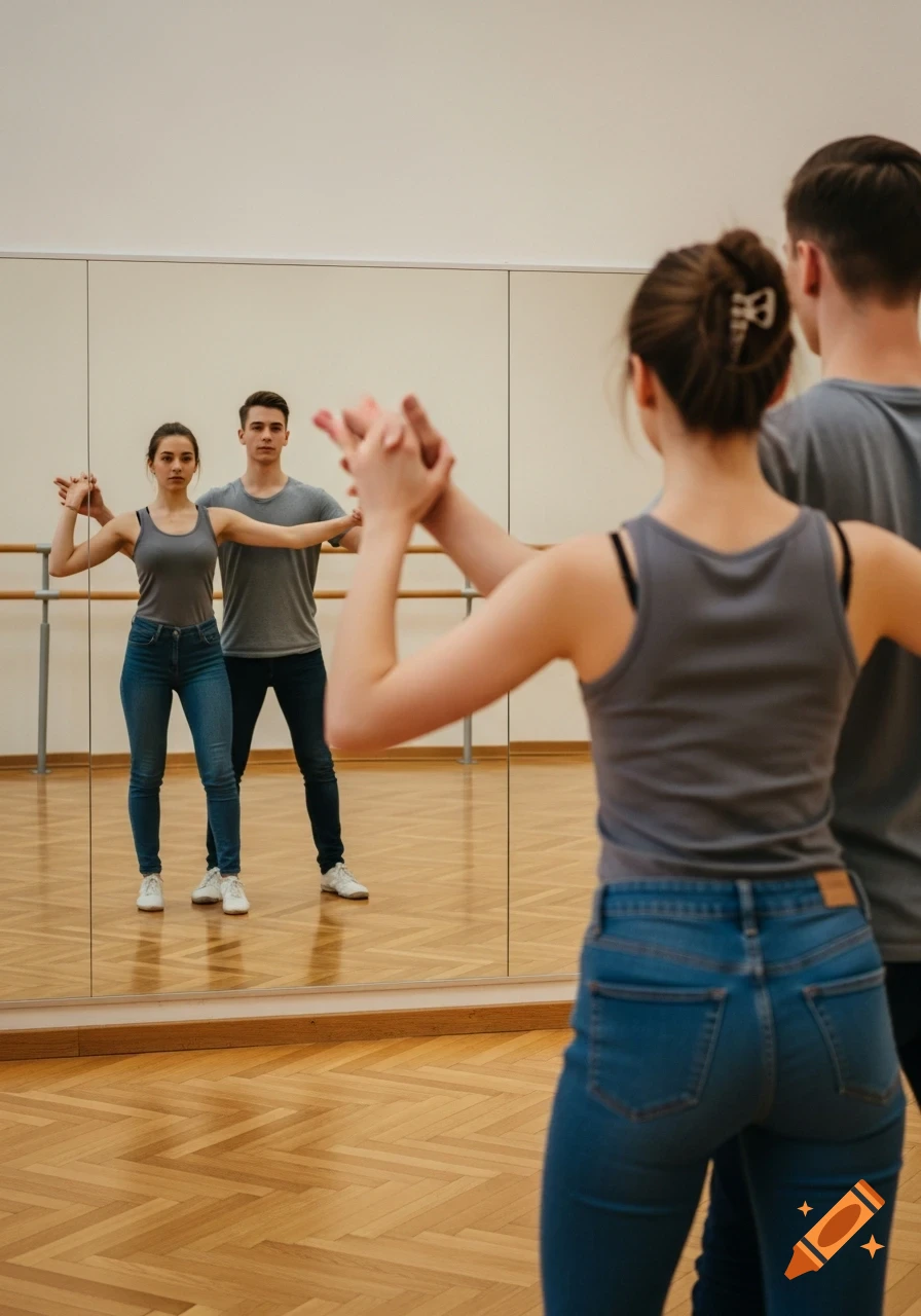 A woman's back to the viewer, holding hands with a man, their reflection showing them in dance posture in a studio mirror.