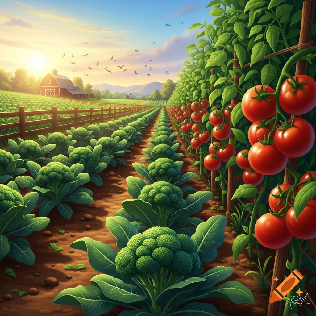A vibrant farm field at sunrise, with rows of green broccoli and red tomatoes on trellises, a red barn in the distance, and birds flying.