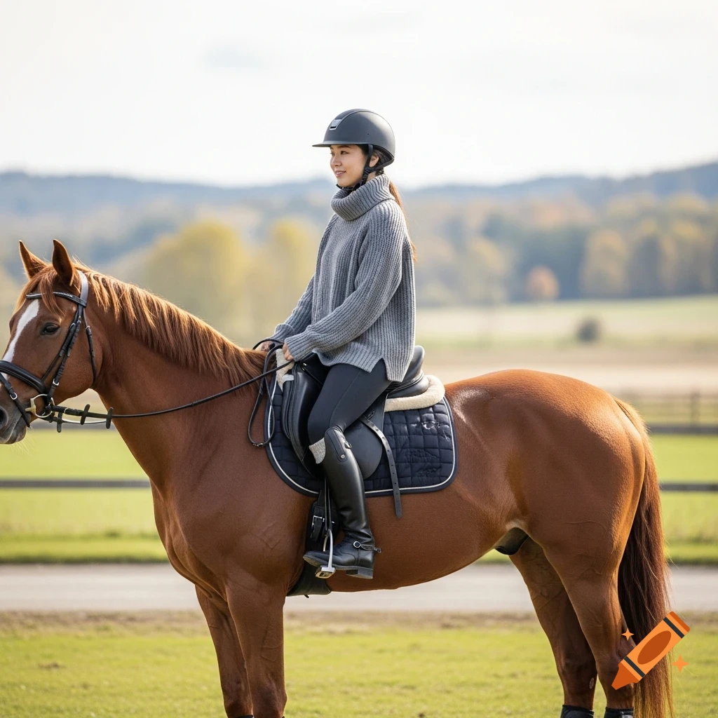 Young woman in a grey sweater and helmet riding a brown horse in a green field, photorealistic style.