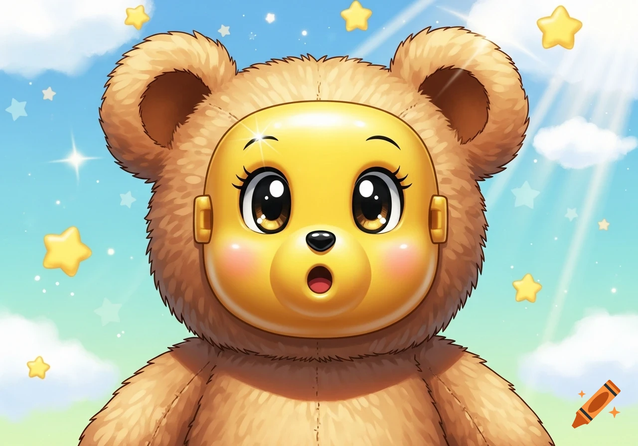 A cute brown furry teddy bear with a shiny yellow plastic face and big sparkling eyes against a blue sky with stars in a manga style.