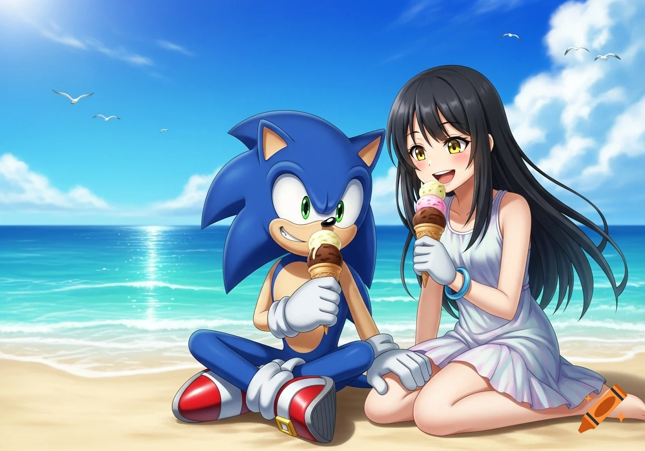 Sonic the Hedgehog and an anime girl with dark hair and yellow eyes sit on a sunny beach, happily eating ice cream.