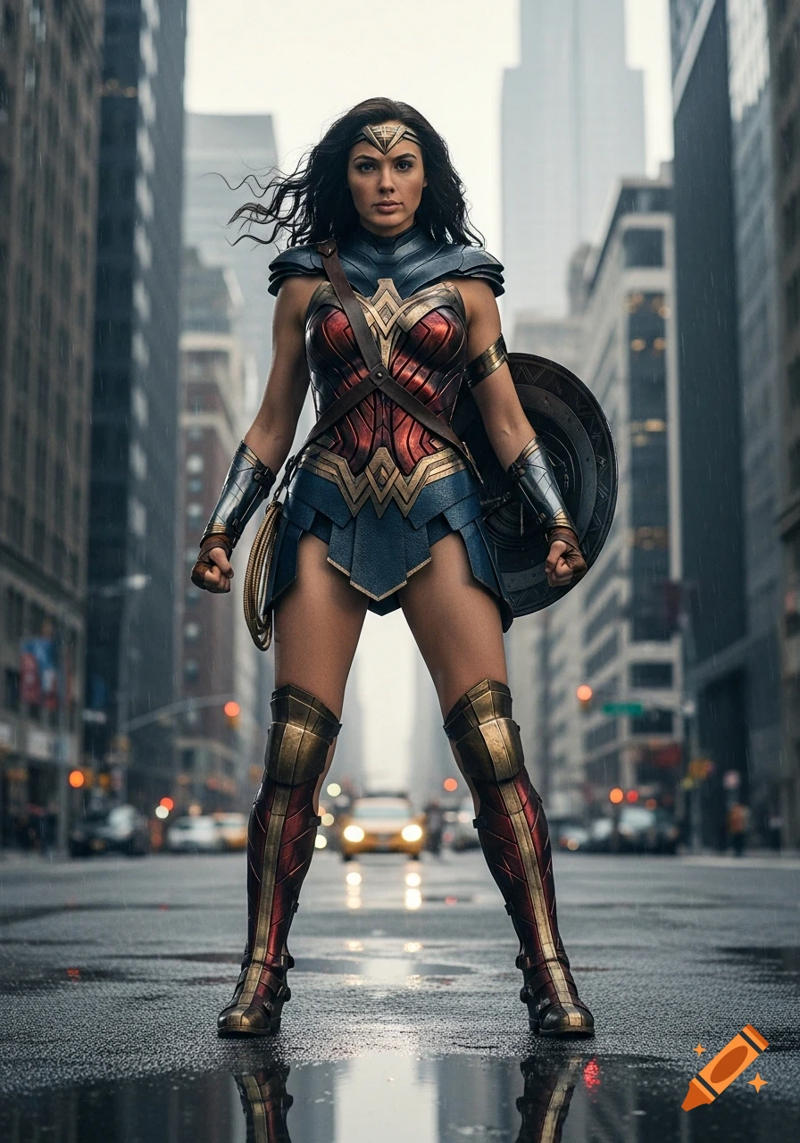 Photorealistic full-body shot of Wonder Woman in armor standing on a wet city street, tall buildings in background.