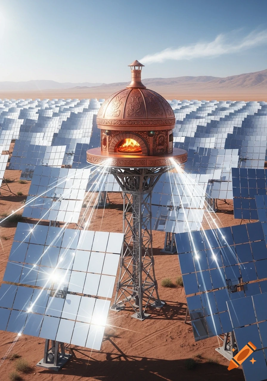 A photorealistic image of a copper pizza oven on a tall metal tower, surrounded by a vast field of reflective solar panels in a desert landscape.