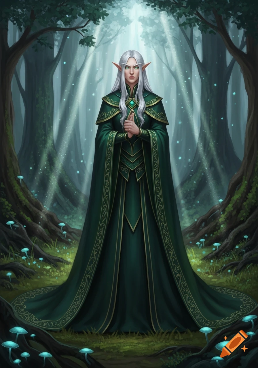 Majestic high elf with white hair and green eyes, clad in an elaborate dark green cloak, stands in a magical forest with glowing mushrooms.
