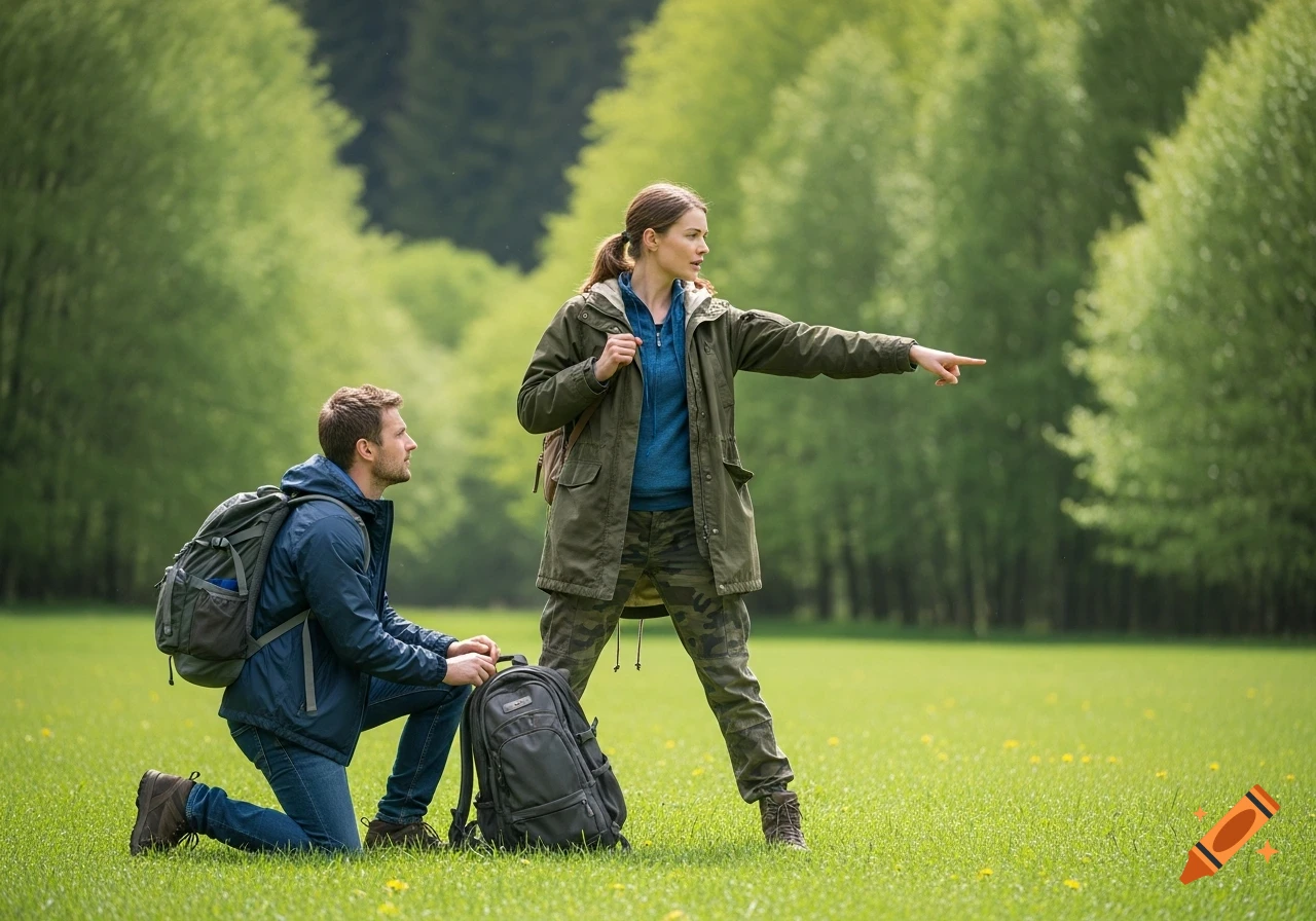 A woman in a parka and camo pants points while a man in a blue jacket and jeans kneels with backpacks in a grassy field with trees.