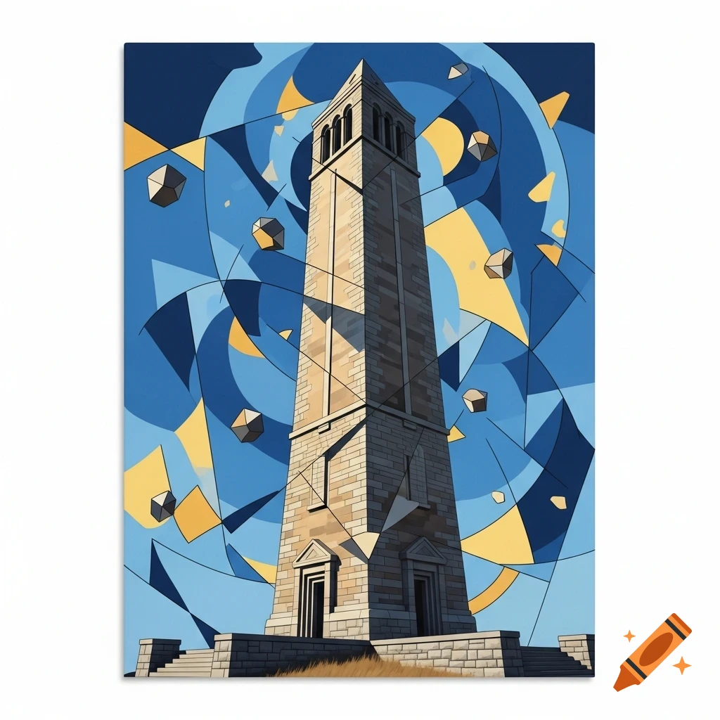 A cubist depiction of a tall, stone monument with a bell tower, set against a fractured blue and yellow sky with geometric shapes.