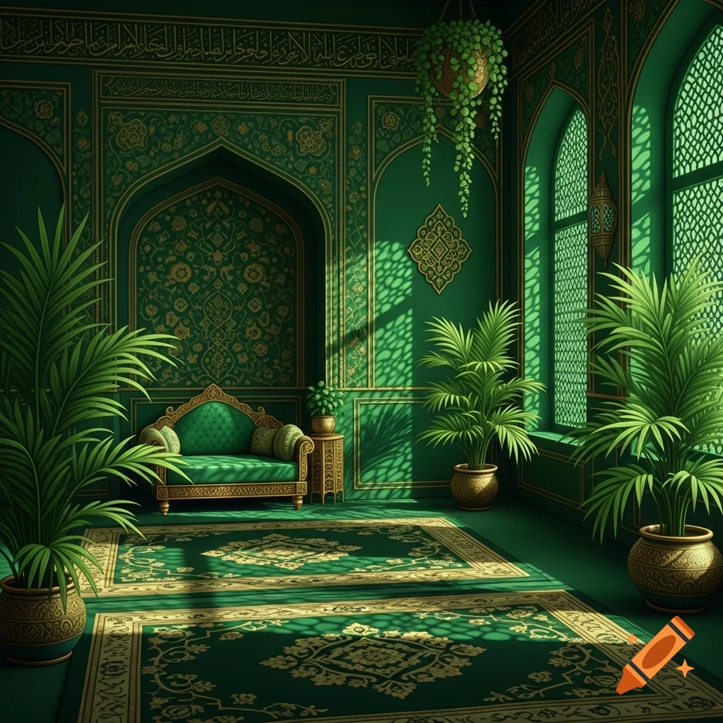 An ornate green room with intricate gold patterns on walls and a rug, arched windows, and potted plants.