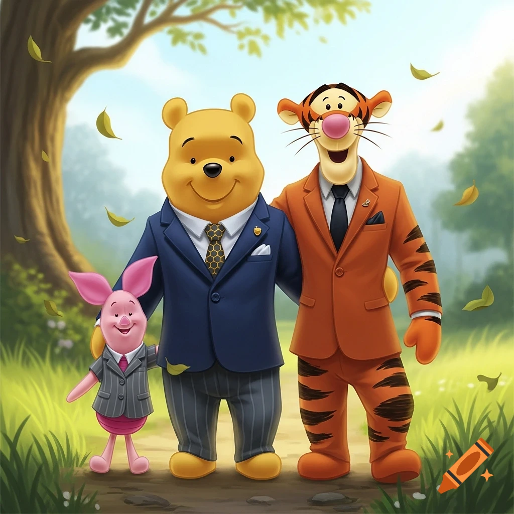 Winnie the Pooh, Tigger, and Piglet stand together in a forest, all wearing formal suits in a cheerful animated style.