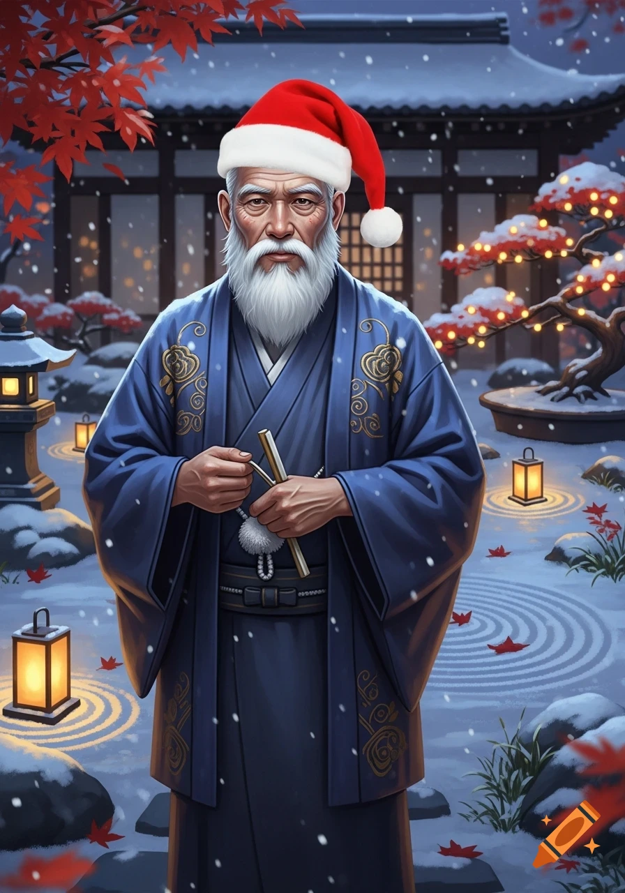 An old sensei with a white beard wearing a Santa hat and blue kimono stands in a snowy Japanese garden with lanterns and a lit bonsai tree.