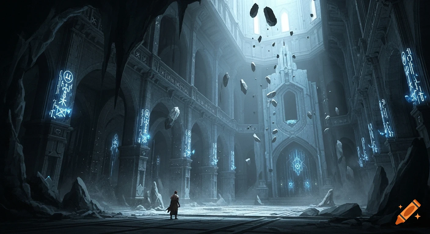 A figure stands in a vast, dark, ancient stone hall with glowing blue symbols and floating rocks, in a fantasy style.
