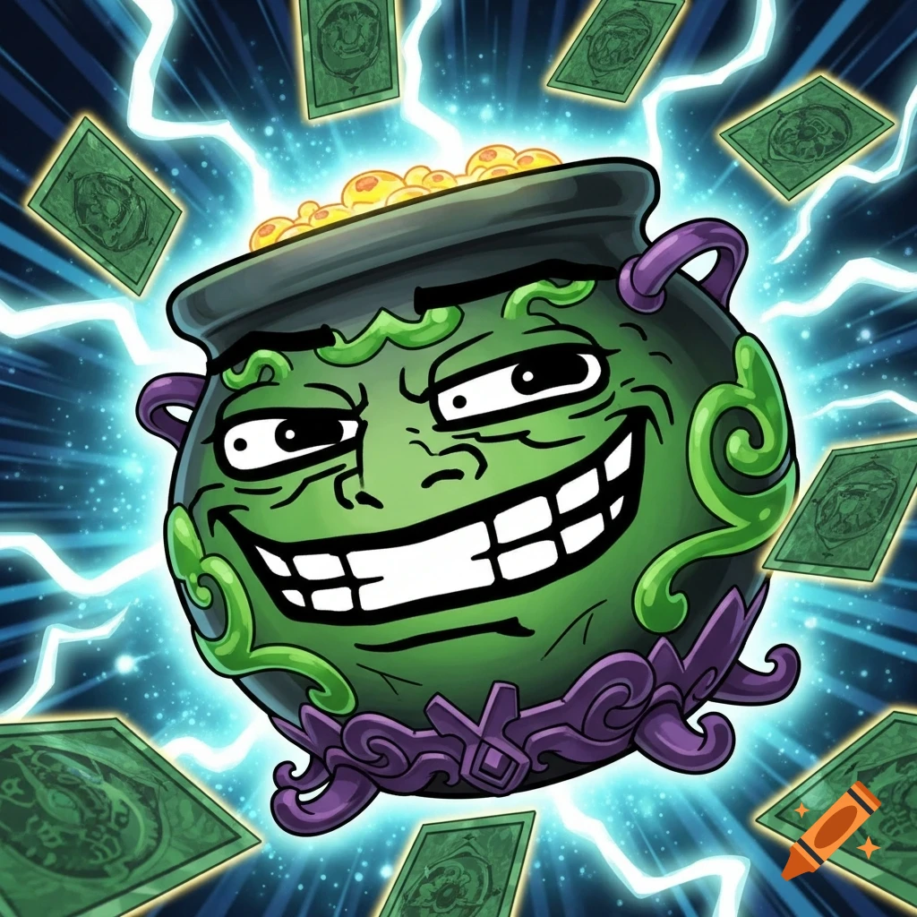 Cartoonish green pot with an Ishowspeed meme face, overflowing with gold, surrounded by flying green cards and blue lightning.