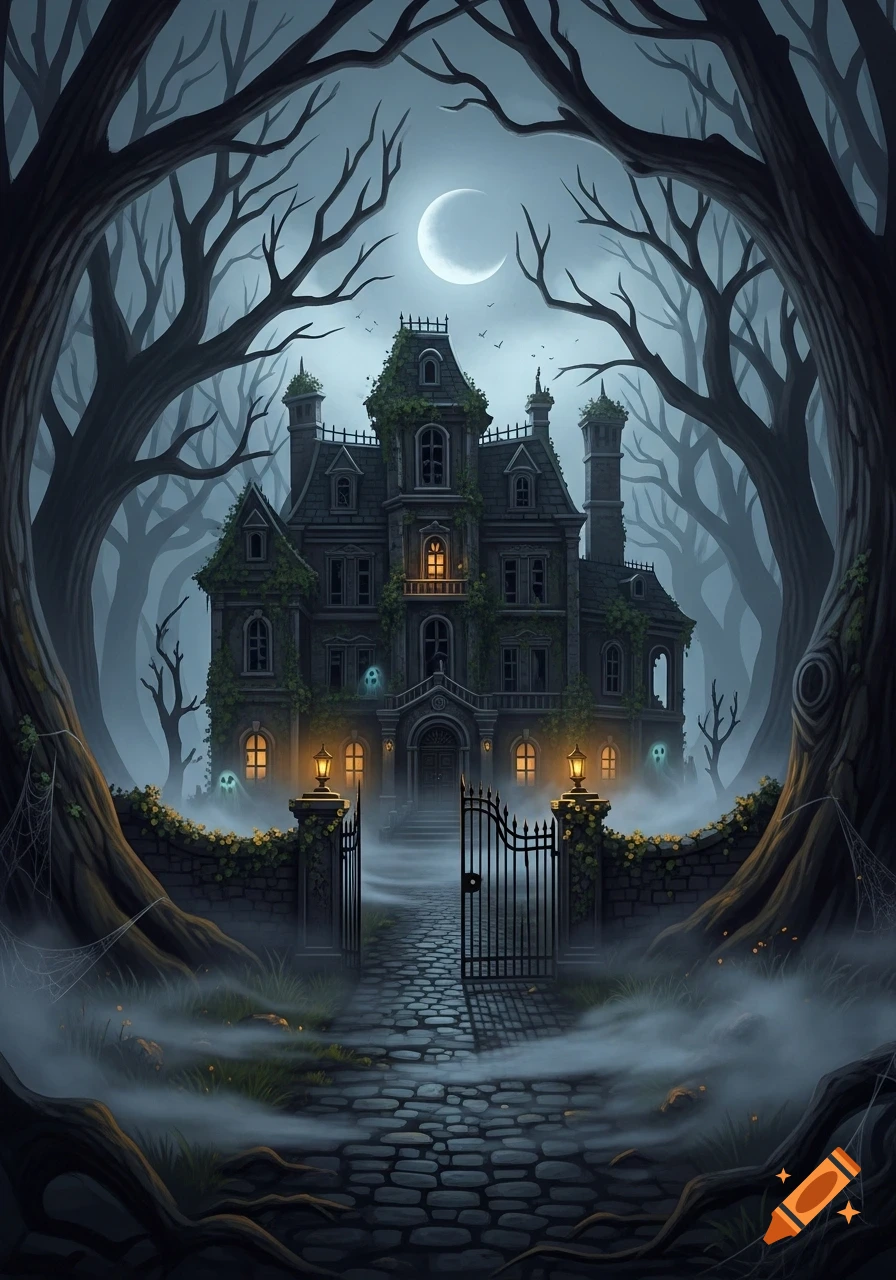A dark, haunted gothic mansion with glowing windows, surrounded by twisted trees and fog under a crescent moon, seen through open gates.