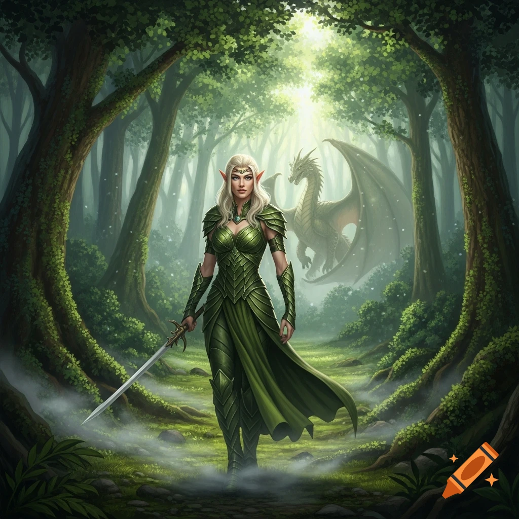 An elf warrior in green armor holds a sword while walking through a magical forest with a majestic dragon in the background.