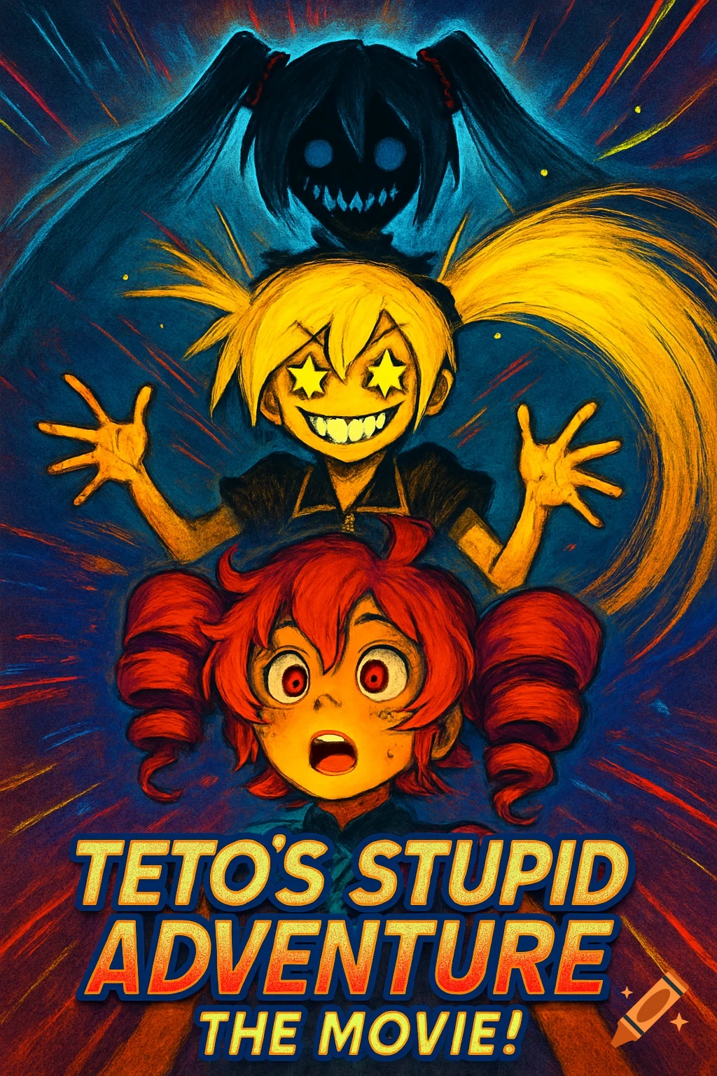 A colorful anime movie poster for 'Teto's Stupid Adventure, The Movie!' featuring a surprised red-haired girl, a smiling yellow-haired girl with star eyes, and a shadowy figure with sharp teeth.
