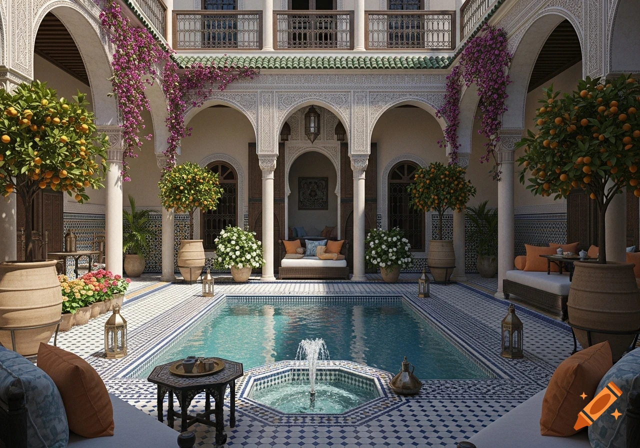 Photorealistic Moroccan courtyard with a central pool, indigo and ivory tiles, arched loggias, flowering vines, and orange trees.