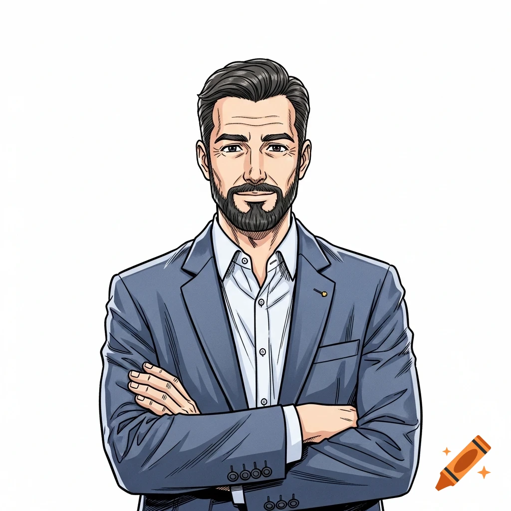 Manga-style cartoon of a bearded man in a suit with his arms crossed, standing against a white background.
