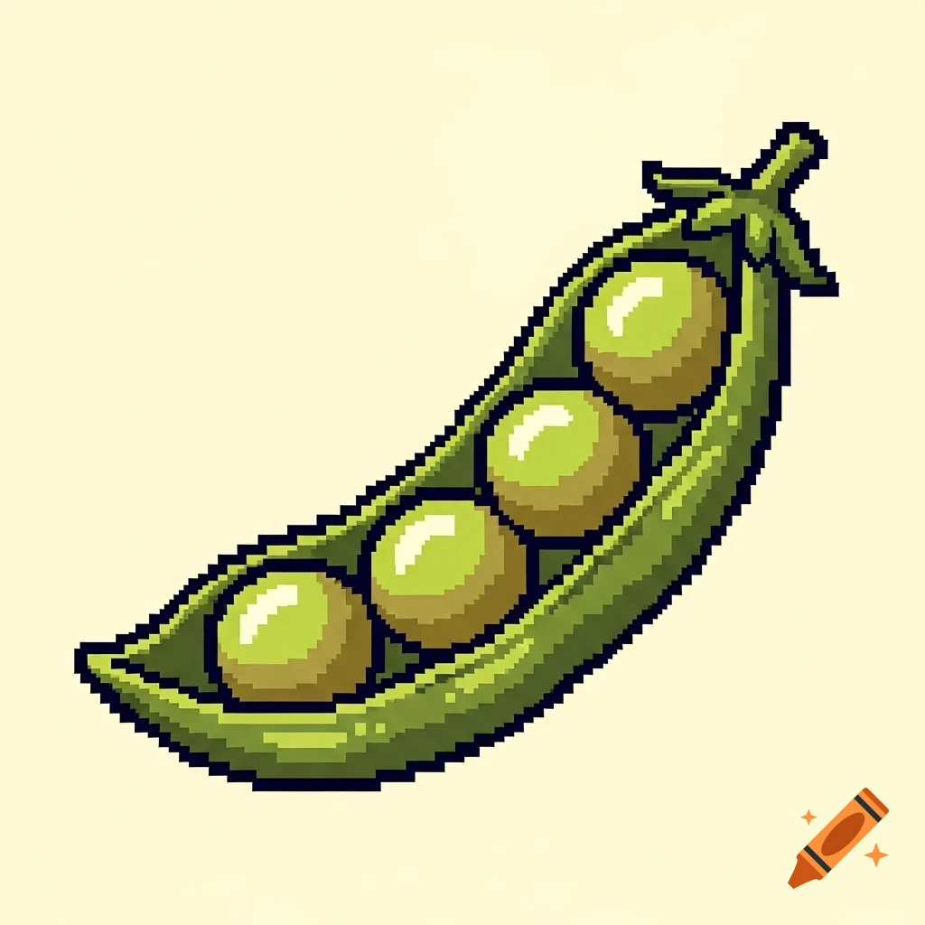 A pixel art illustration of a green pea pod containing four light green peas, set against a light cream background.