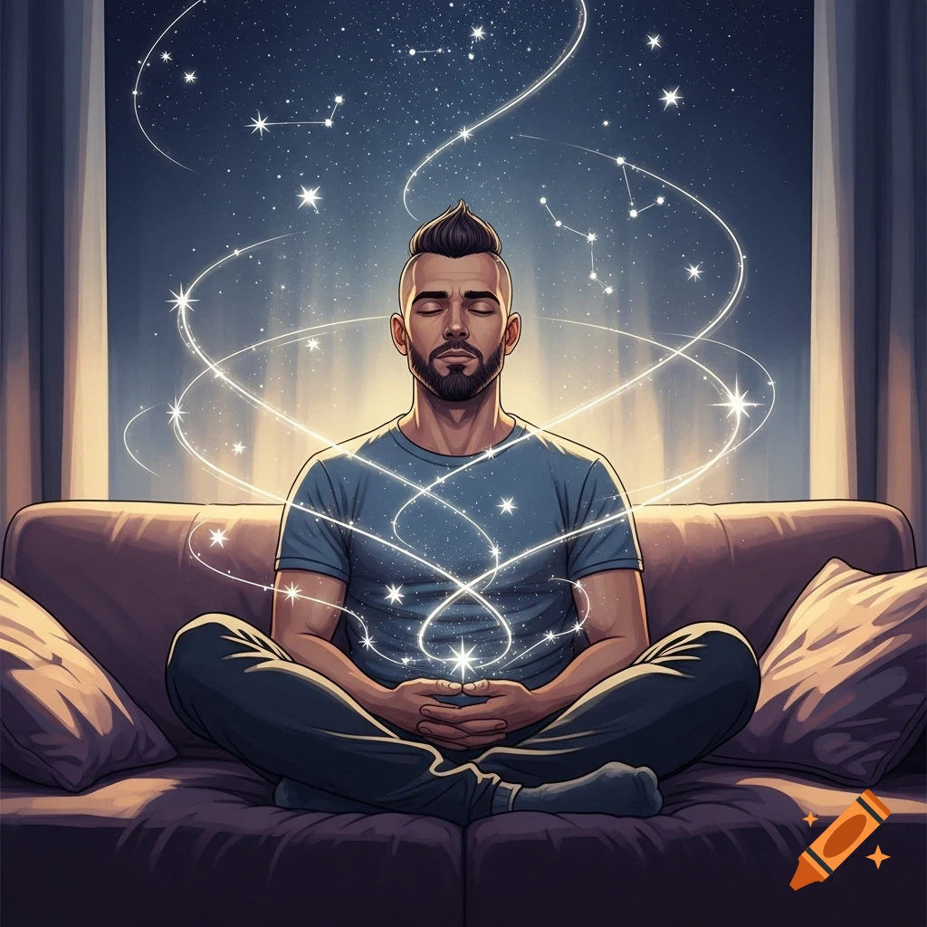 Illustrated man meditating on a sofa, eyes closed, with glowing lines and stars connecting him to a starry night sky.