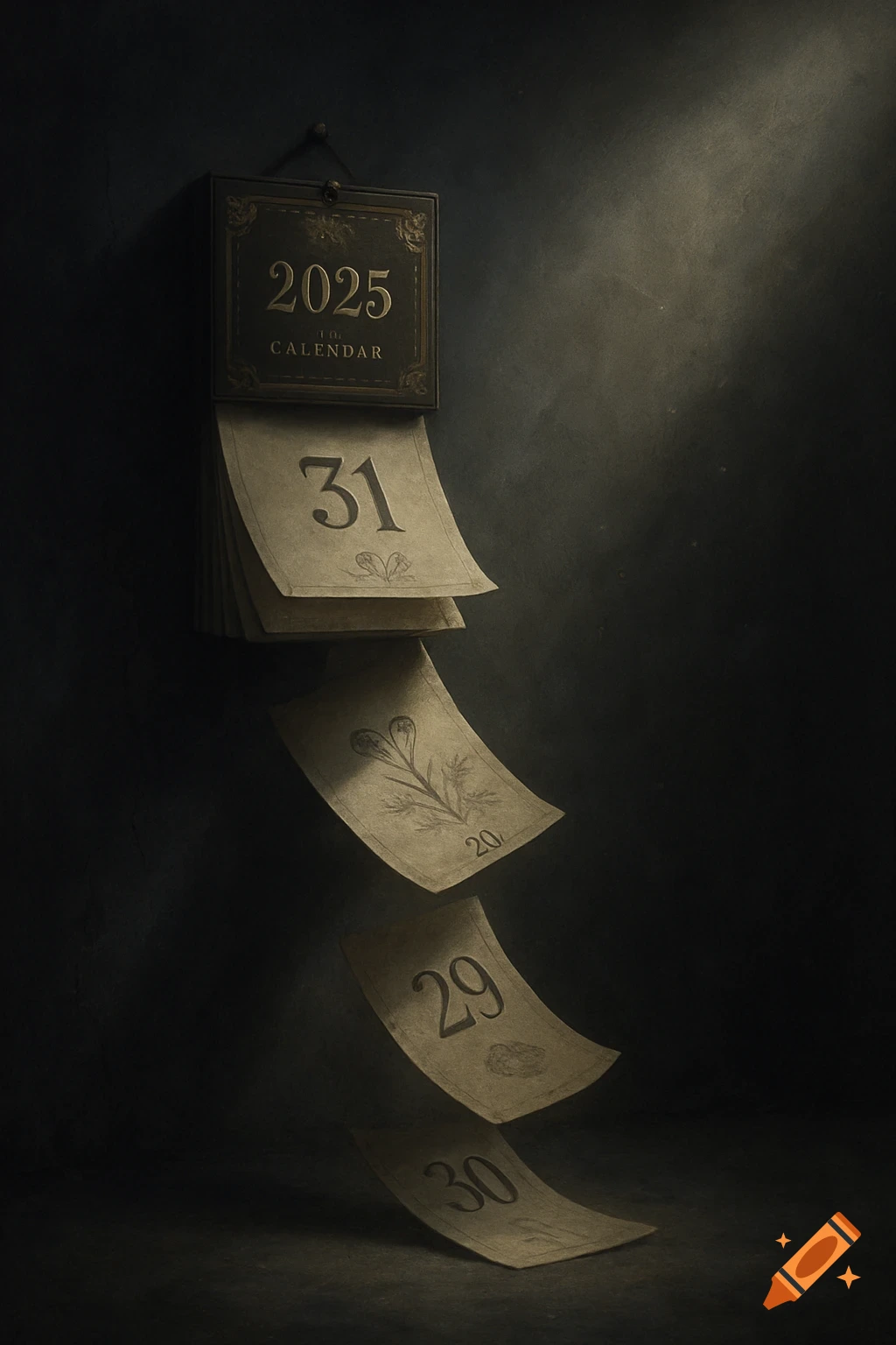 A vintage 2025 calendar with curling pages falling towards the ground, lit by a soft beam on a dark wall.