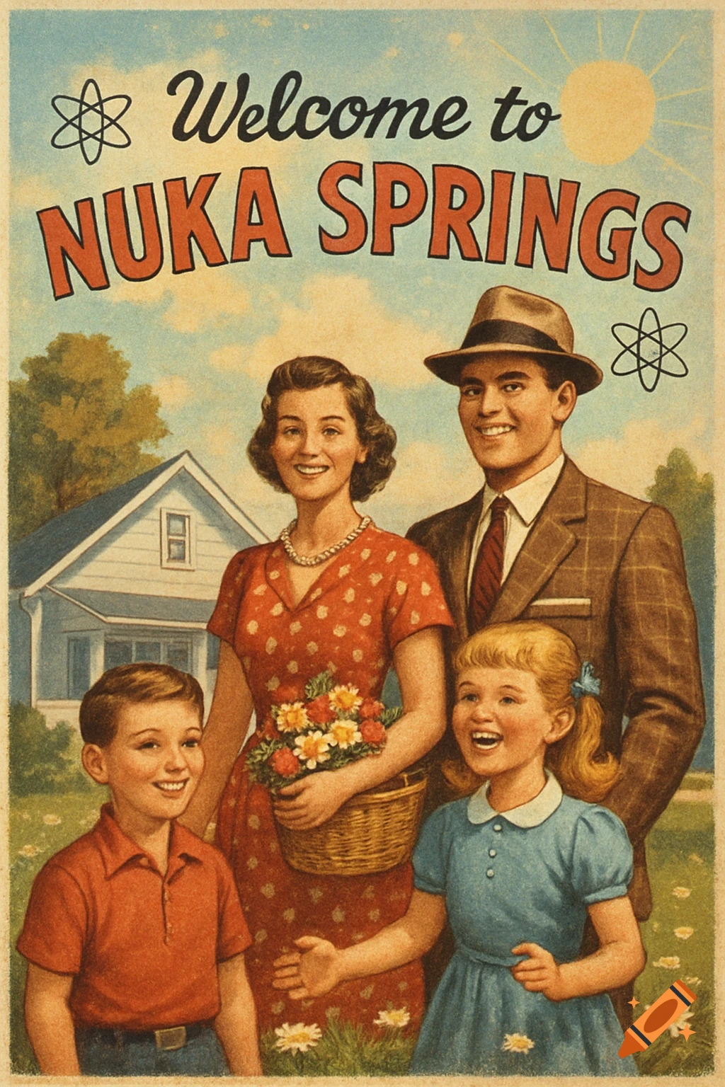 Vintage poster shows a smiling nuclear family in a suburban setting with 'Welcome to NUKA SPRINGS' text and atom symbols.